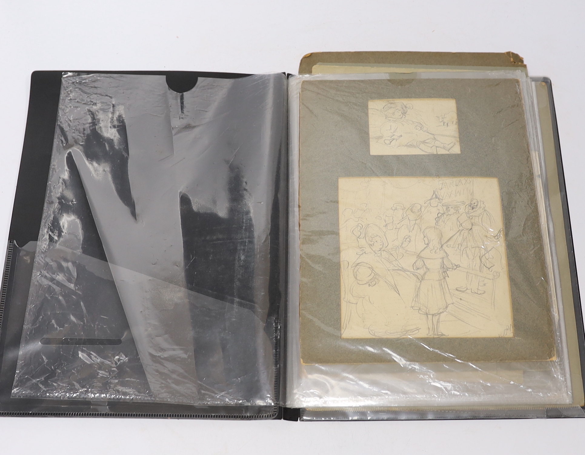 Folio of 18th / 19th century and later pen, ink and pencil sketches, Figural studies, children and putti, one inscribed ‘Ann. Carracino’ in ink verso, unframed, some mounted, largest 22 x 13cm